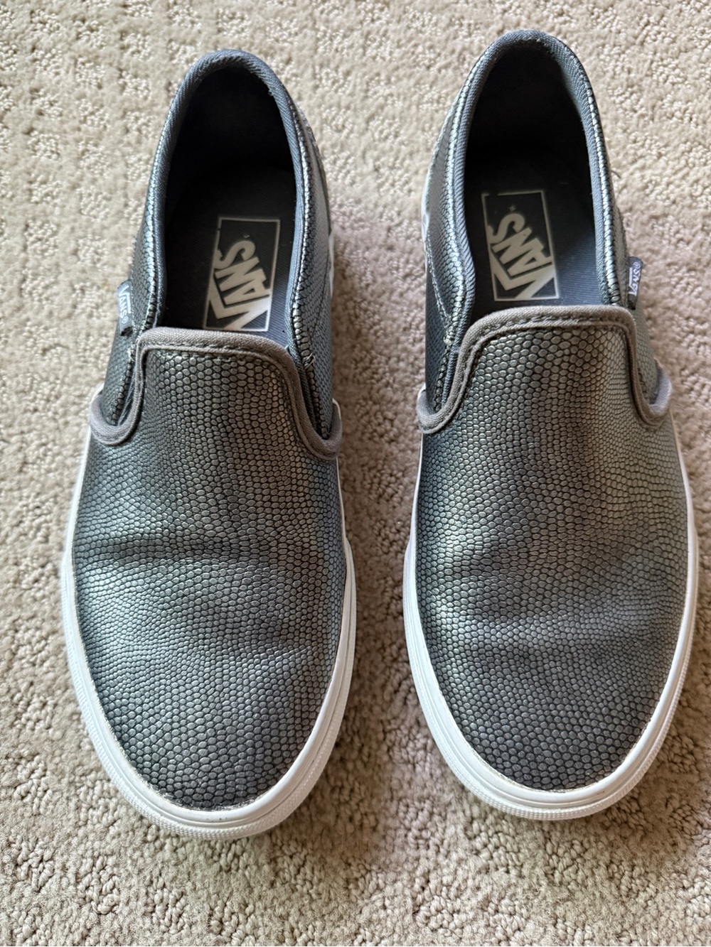 Vans Slip-Ons Textured Metallic Gray, women’s 6.5
